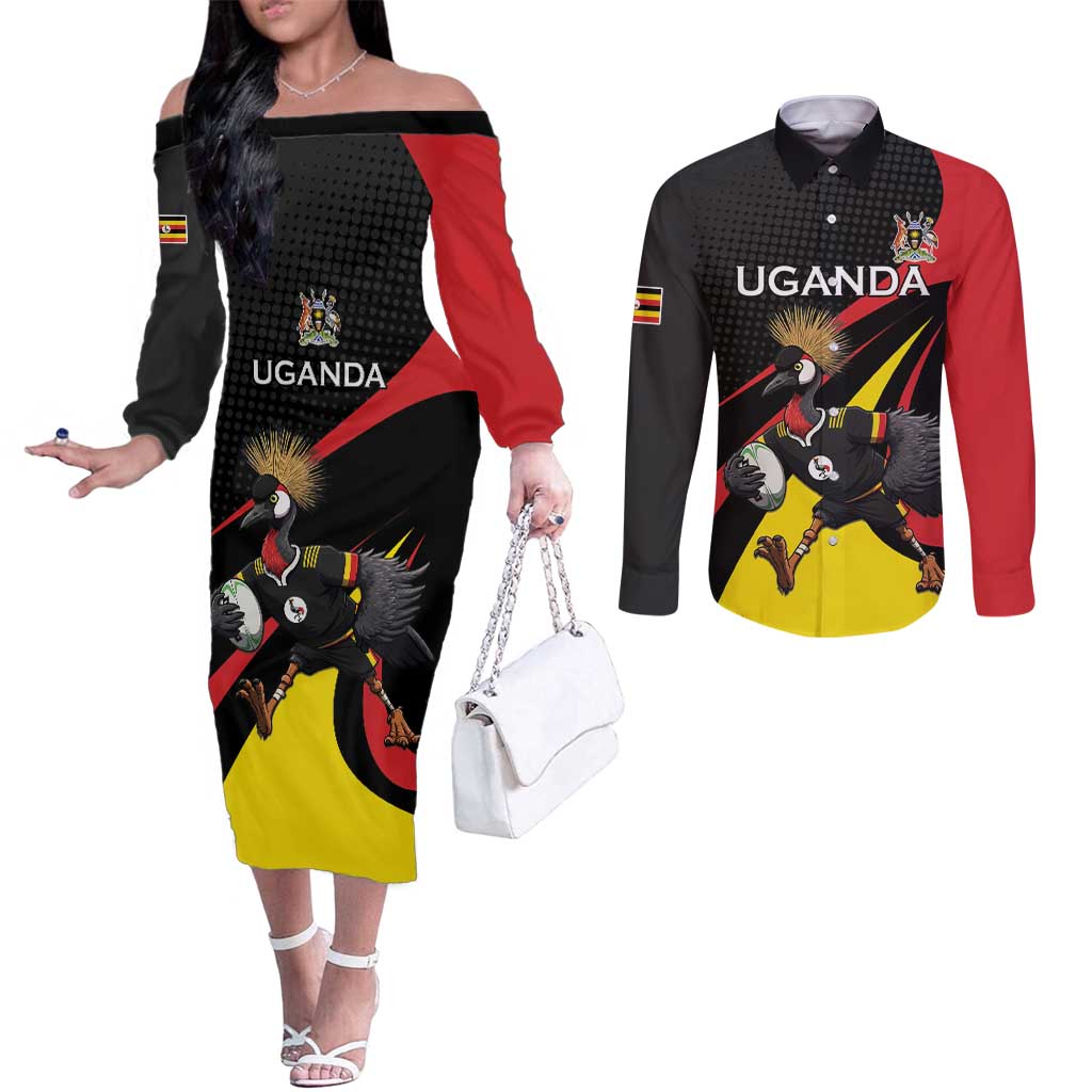 Uganda Rugby Custom Couples Matching Off The Shoulder Long Sleeve Dress and Long Sleeve Button Shirt Black Crowned Crane Mascot - Sporty Style