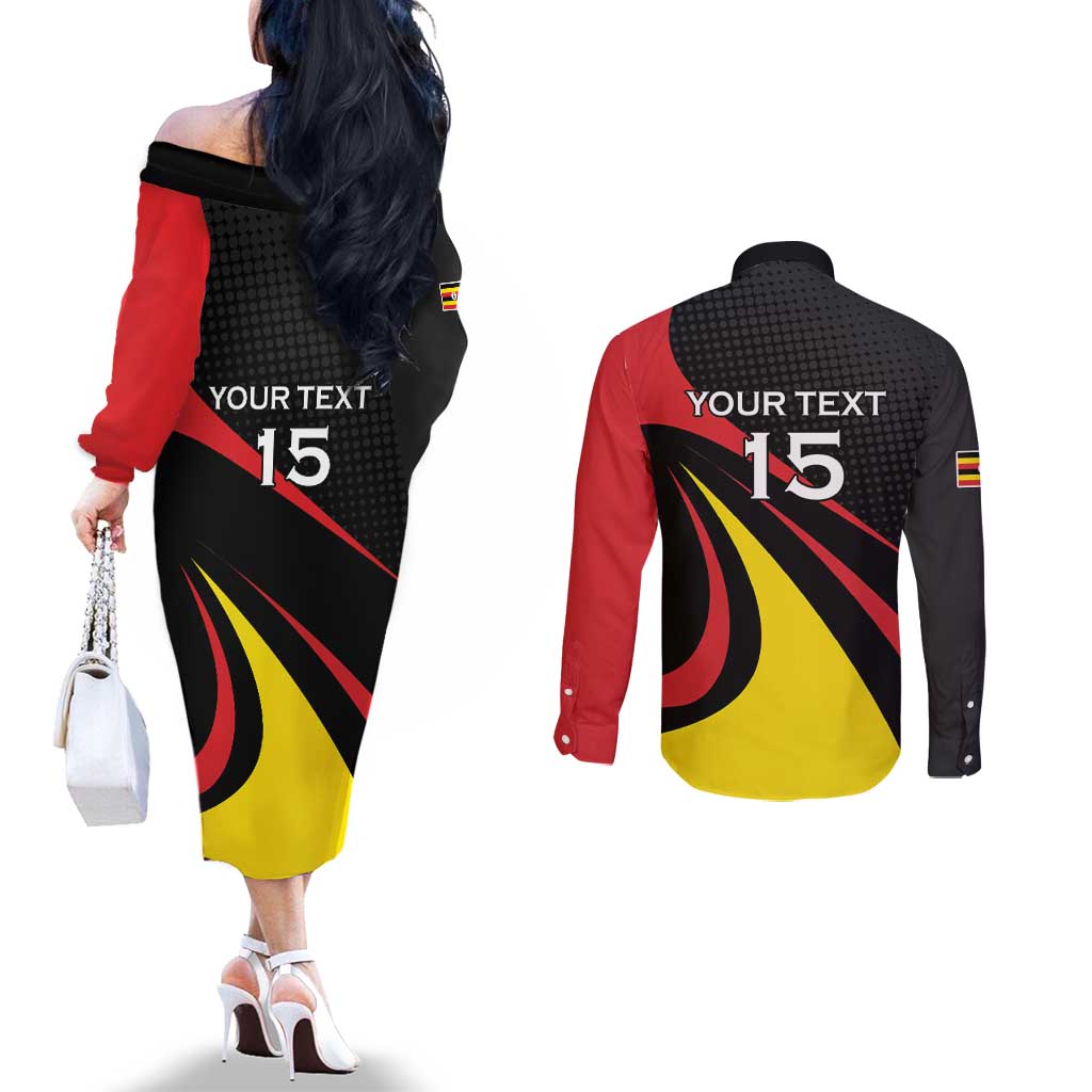 Uganda Rugby Custom Couples Matching Off The Shoulder Long Sleeve Dress and Long Sleeve Button Shirt Black Crowned Crane Mascot - Sporty Style