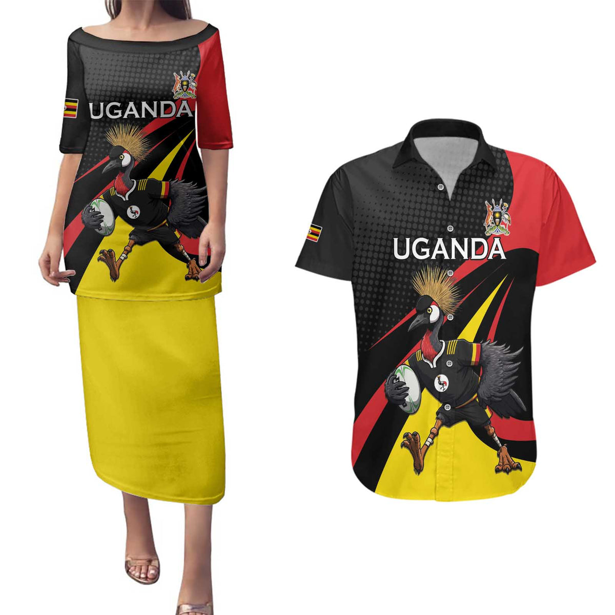 Uganda Rugby Custom Couples Matching Puletasi and Hawaiian Shirt Black Crowned Crane Mascot - Sporty Style