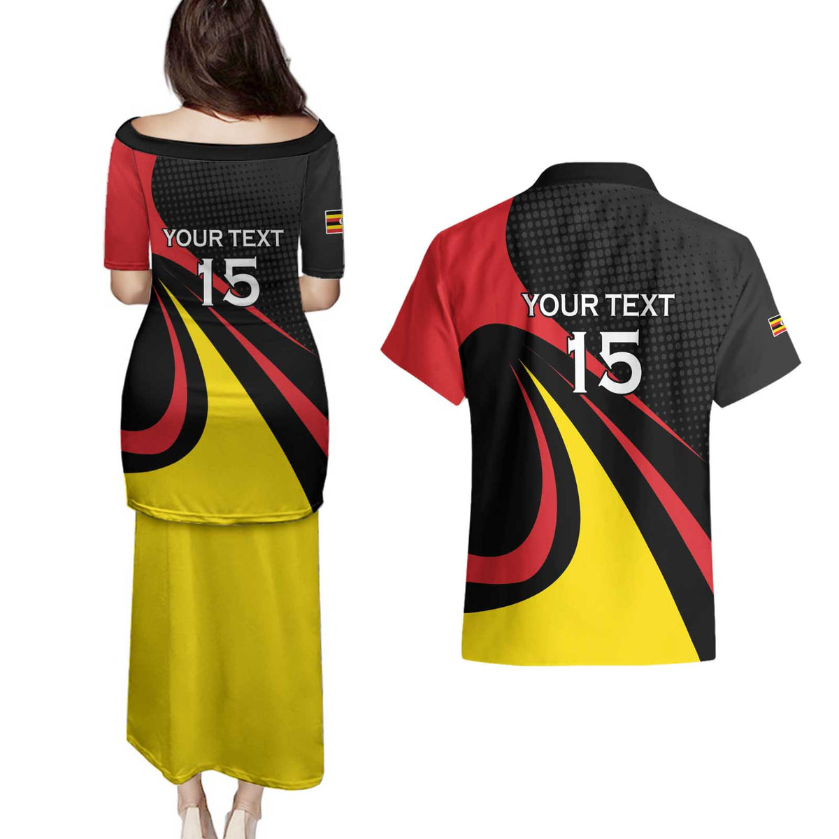 Uganda Rugby Custom Couples Matching Puletasi and Hawaiian Shirt Black Crowned Crane Mascot - Sporty Style