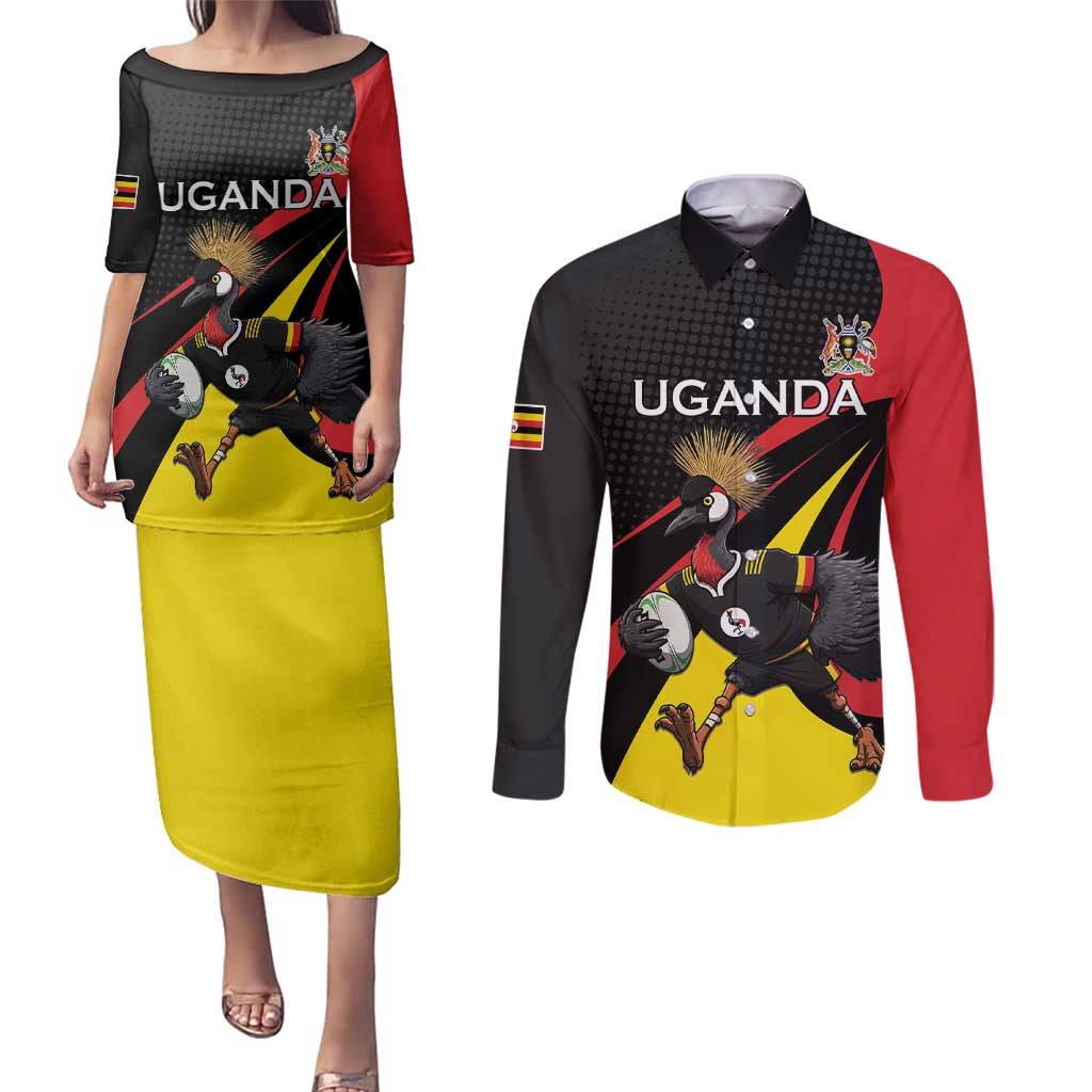 Uganda Rugby Custom Couples Matching Puletasi and Long Sleeve Button Shirt Black Crowned Crane Mascot - Sporty Style