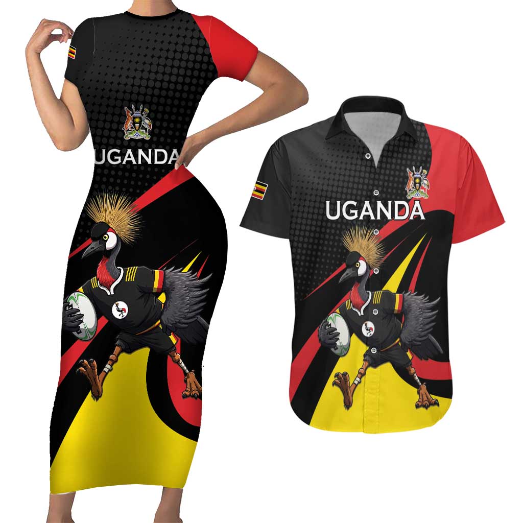 Uganda Rugby Custom Couples Matching Short Sleeve Bodycon Dress and Hawaiian Shirt Black Crowned Crane Mascot - Sporty Style