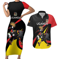 Uganda Rugby Custom Couples Matching Short Sleeve Bodycon Dress and Hawaiian Shirt Black Crowned Crane Mascot - Sporty Style