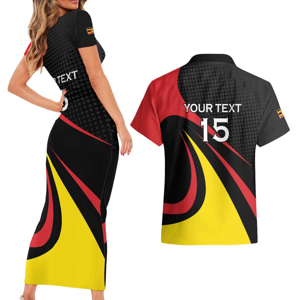 Uganda Rugby Custom Couples Matching Short Sleeve Bodycon Dress and Hawaiian Shirt Black Crowned Crane Mascot - Sporty Style
