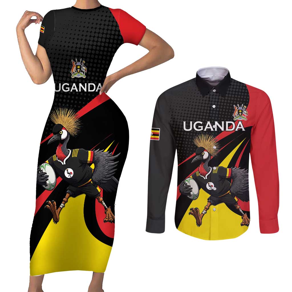 Uganda Rugby Custom Couples Matching Short Sleeve Bodycon Dress and Long Sleeve Button Shirt Black Crowned Crane Mascot - Sporty Style