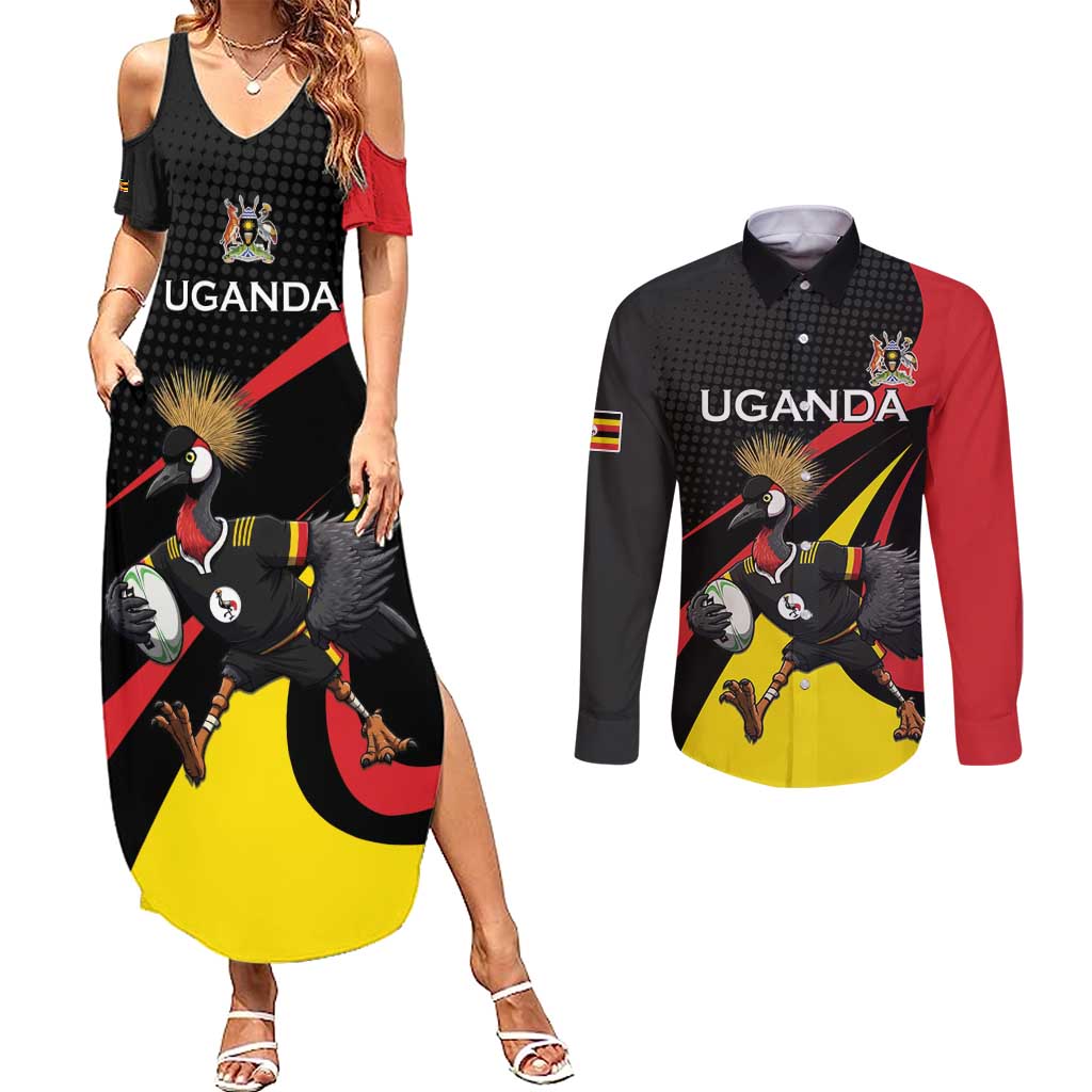 Uganda Rugby Custom Couples Matching Summer Maxi Dress and Long Sleeve Button Shirt Black Crowned Crane Mascot - Sporty Style