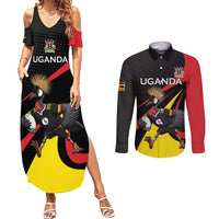 Uganda Rugby Custom Couples Matching Summer Maxi Dress and Long Sleeve Button Shirt Black Crowned Crane Mascot - Sporty Style