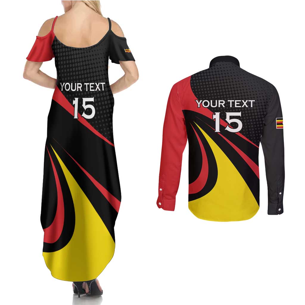 Uganda Rugby Custom Couples Matching Summer Maxi Dress and Long Sleeve Button Shirt Black Crowned Crane Mascot - Sporty Style