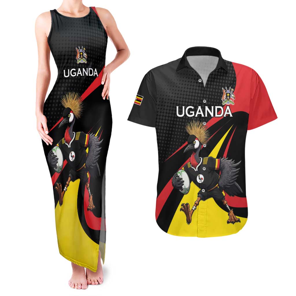 Uganda Rugby Custom Couples Matching Tank Maxi Dress and Hawaiian Shirt Black Crowned Crane Mascot - Sporty Style