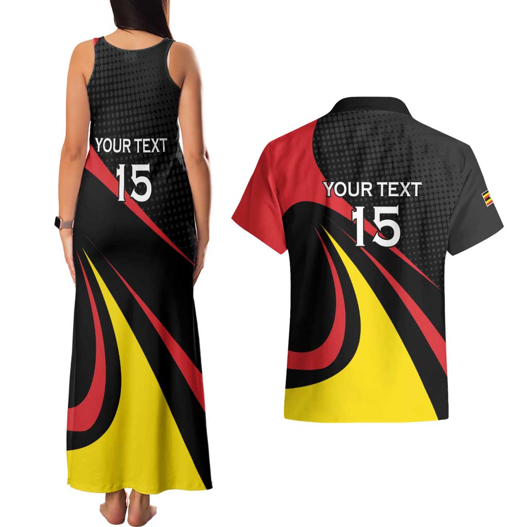 Uganda Rugby Custom Couples Matching Tank Maxi Dress and Hawaiian Shirt Black Crowned Crane Mascot - Sporty Style