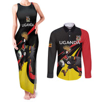 Uganda Rugby Custom Couples Matching Tank Maxi Dress and Long Sleeve Button Shirt Black Crowned Crane Mascot - Sporty Style