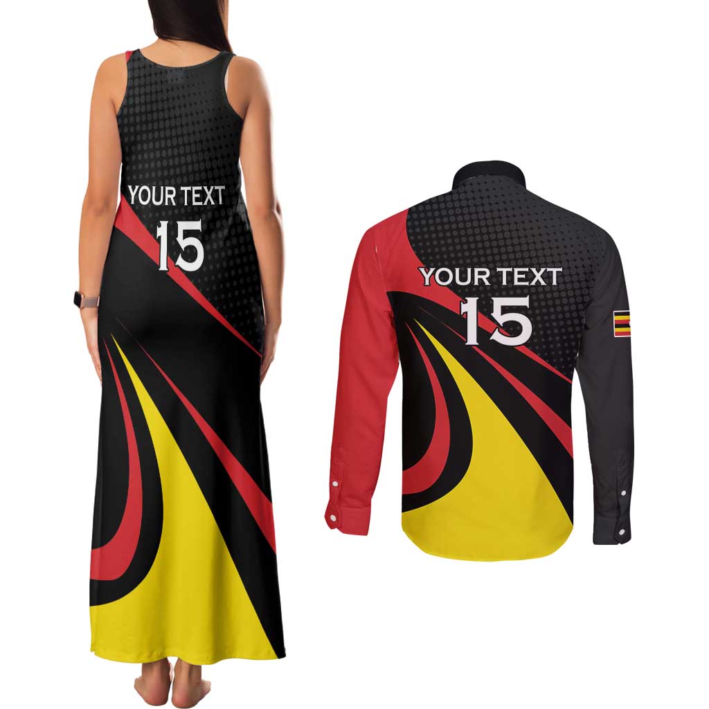 Uganda Rugby Custom Couples Matching Tank Maxi Dress and Long Sleeve Button Shirt Black Crowned Crane Mascot - Sporty Style