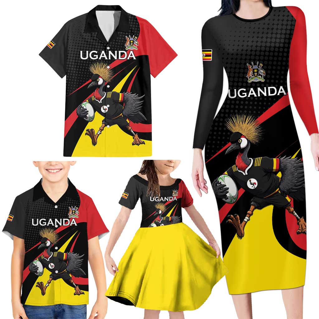 Uganda Rugby Custom Family Matching Long Sleeve Bodycon Dress and Hawaiian Shirt Black Crowned Crane Mascot - Sporty Style