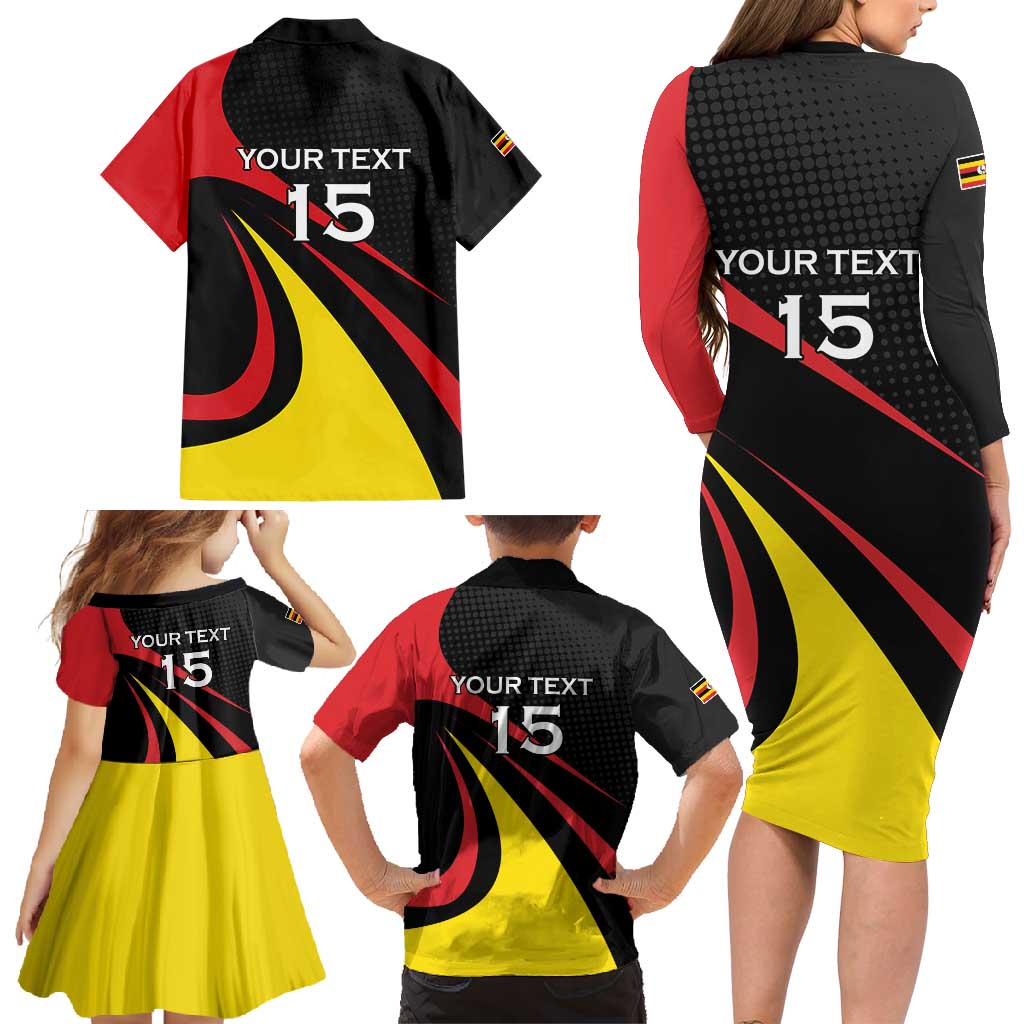 Uganda Rugby Custom Family Matching Long Sleeve Bodycon Dress and Hawaiian Shirt Black Crowned Crane Mascot - Sporty Style
