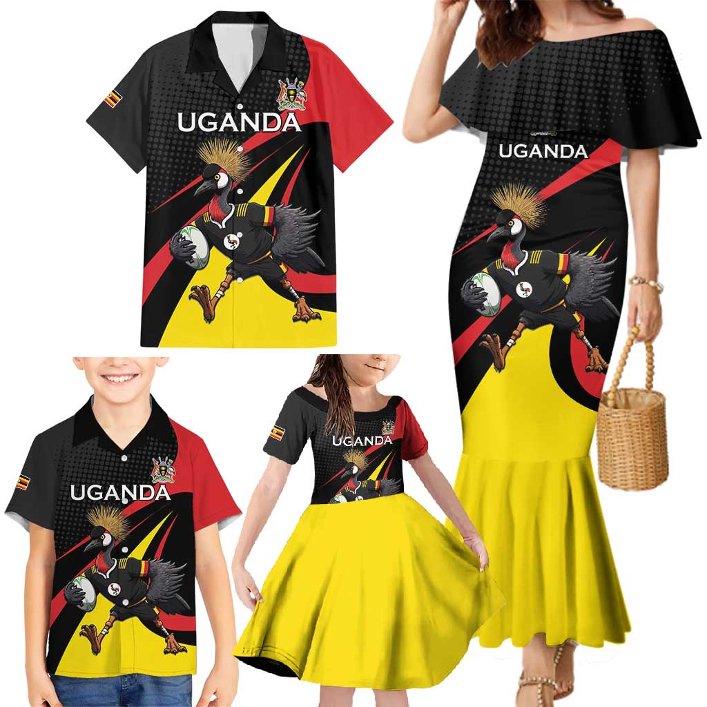 Uganda Rugby Custom Family Matching Mermaid Dress and Hawaiian Shirt Black Crowned Crane Mascot - Sporty Style