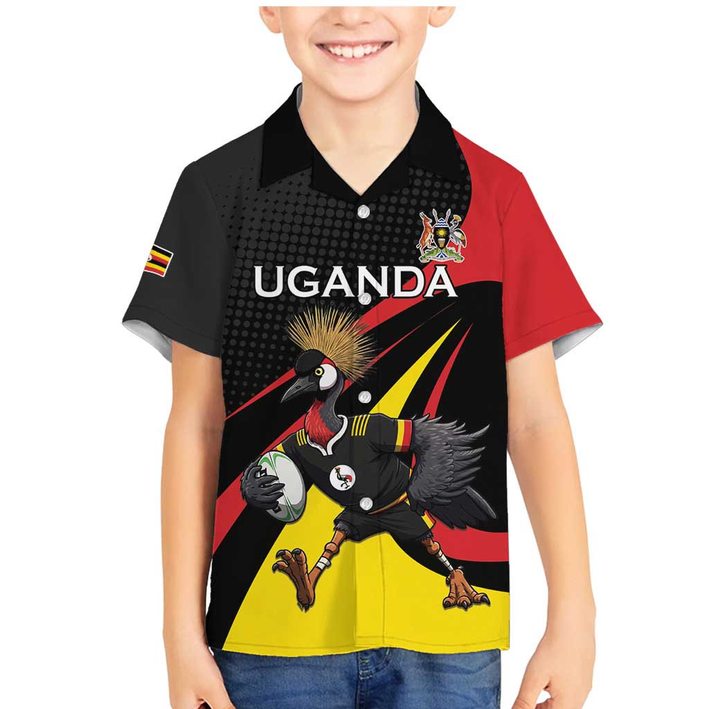Uganda Rugby Custom Family Matching Mermaid Dress and Hawaiian Shirt Black Crowned Crane Mascot - Sporty Style