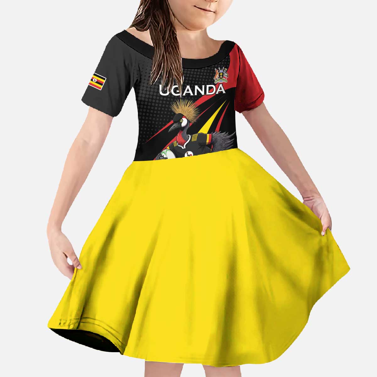 Uganda Rugby Custom Family Matching Off The Shoulder Long Sleeve Dress and Hawaiian Shirt Black Crowned Crane Mascot - Sporty Style