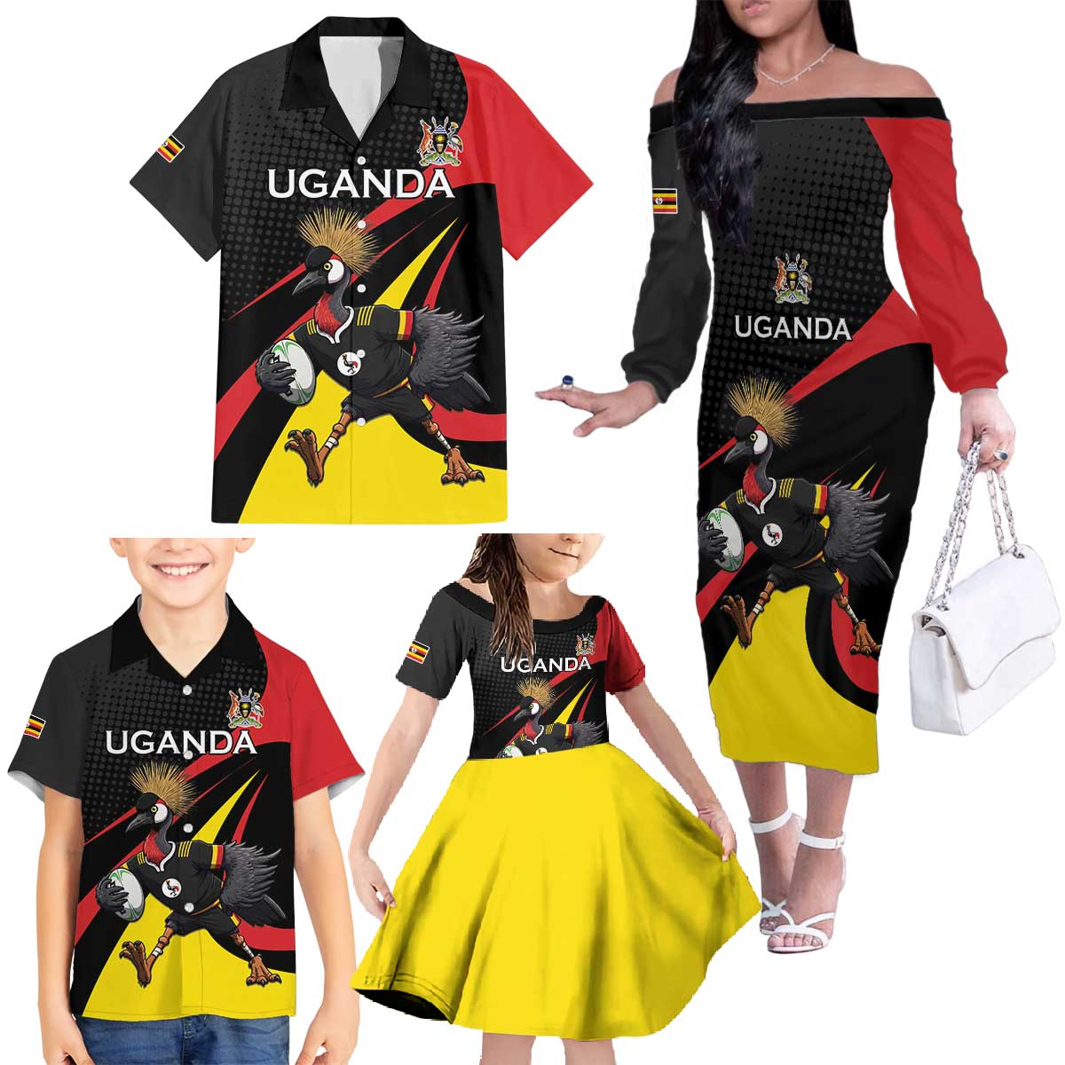 Uganda Rugby Custom Family Matching Off The Shoulder Long Sleeve Dress and Hawaiian Shirt Black Crowned Crane Mascot - Sporty Style