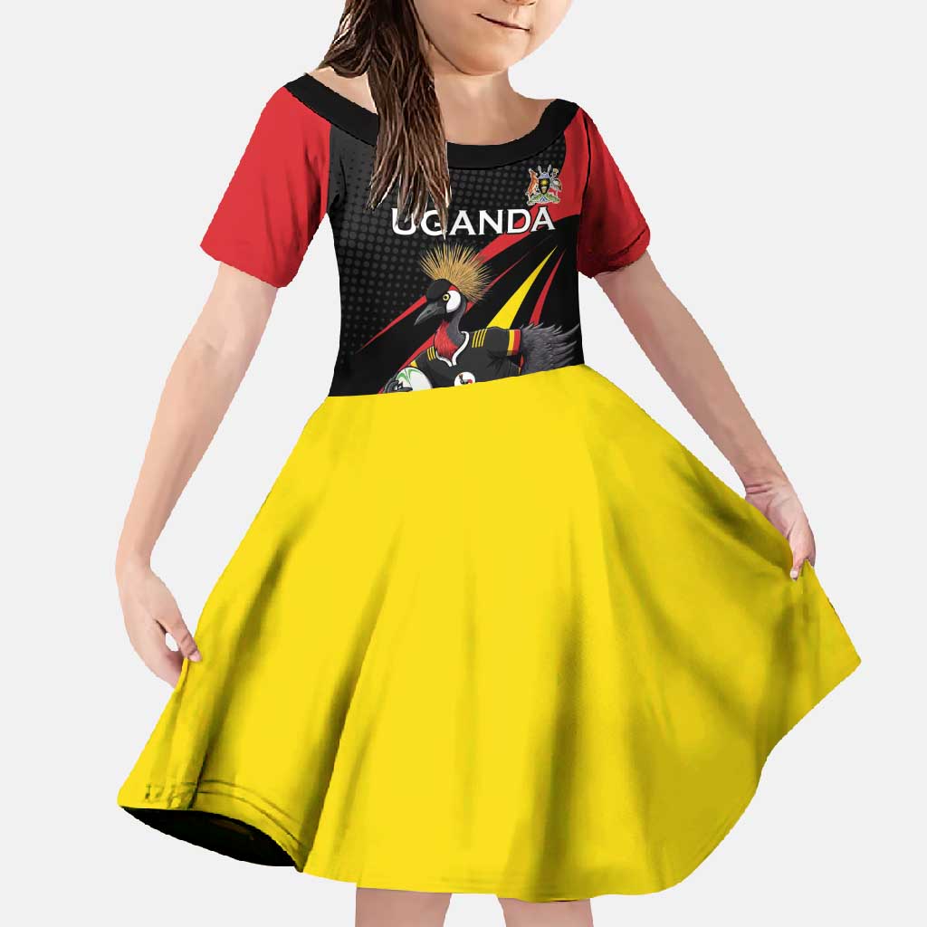 Uganda Rugby Custom Family Matching Off Shoulder Maxi Dress and Hawaiian Shirt Black Crowned Crane Mascot - Sporty Style