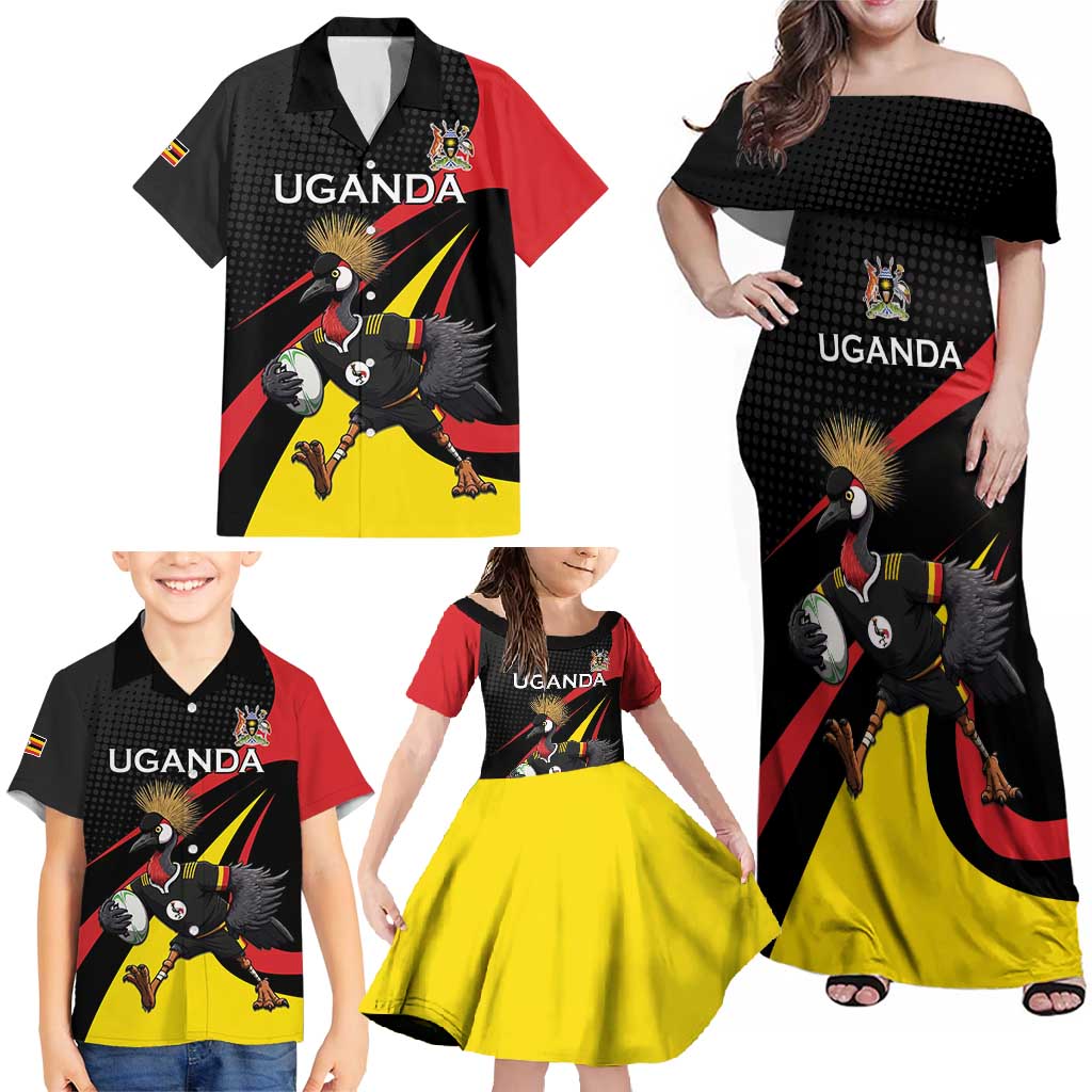 Uganda Rugby Custom Family Matching Off Shoulder Maxi Dress and Hawaiian Shirt Black Crowned Crane Mascot - Sporty Style