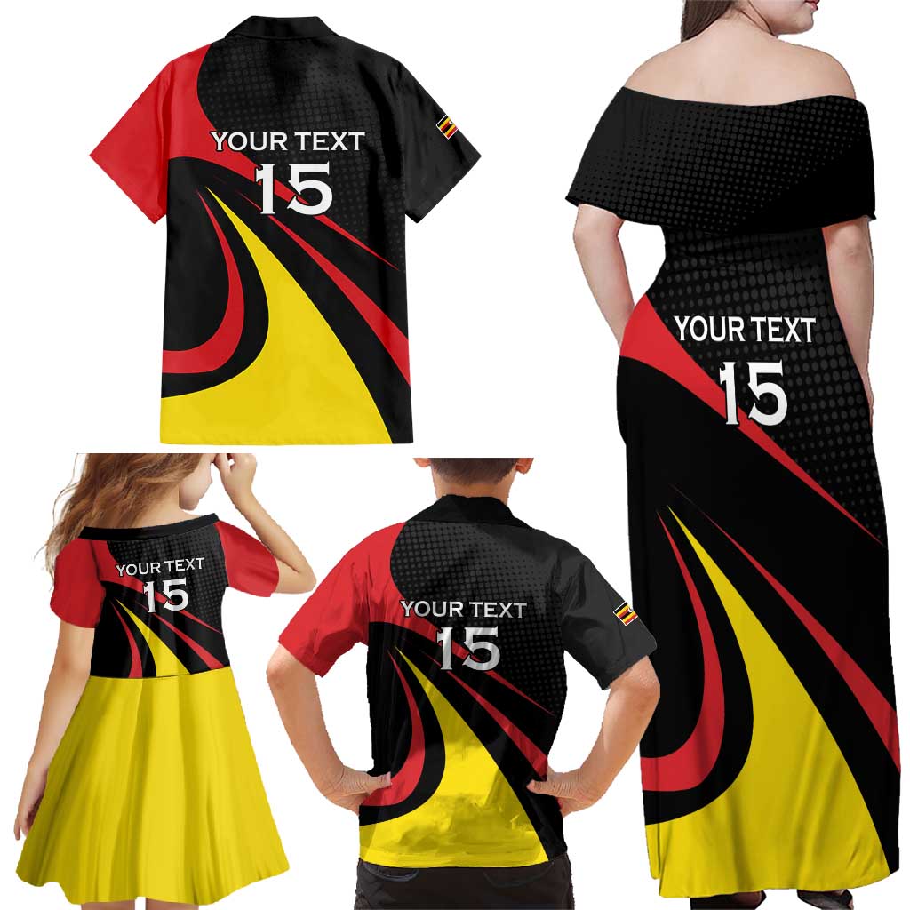 Uganda Rugby Custom Family Matching Off Shoulder Maxi Dress and Hawaiian Shirt Black Crowned Crane Mascot - Sporty Style