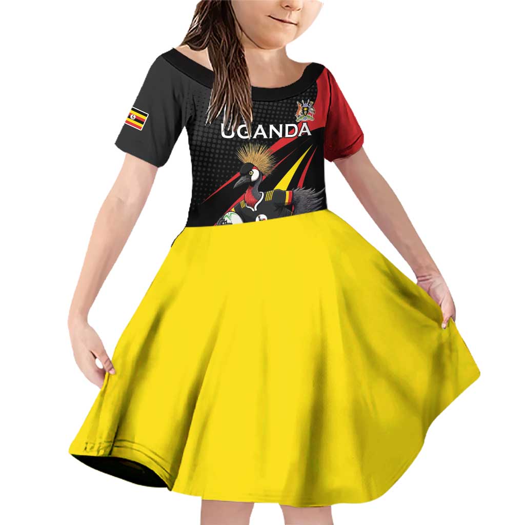 Uganda Rugby Custom Family Matching Off Shoulder Short Dress and Hawaiian Shirt Black Crowned Crane Mascot - Sporty Style