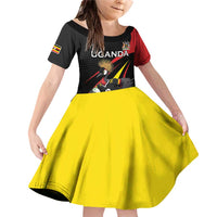Uganda Rugby Custom Family Matching Off Shoulder Short Dress and Hawaiian Shirt Black Crowned Crane Mascot - Sporty Style