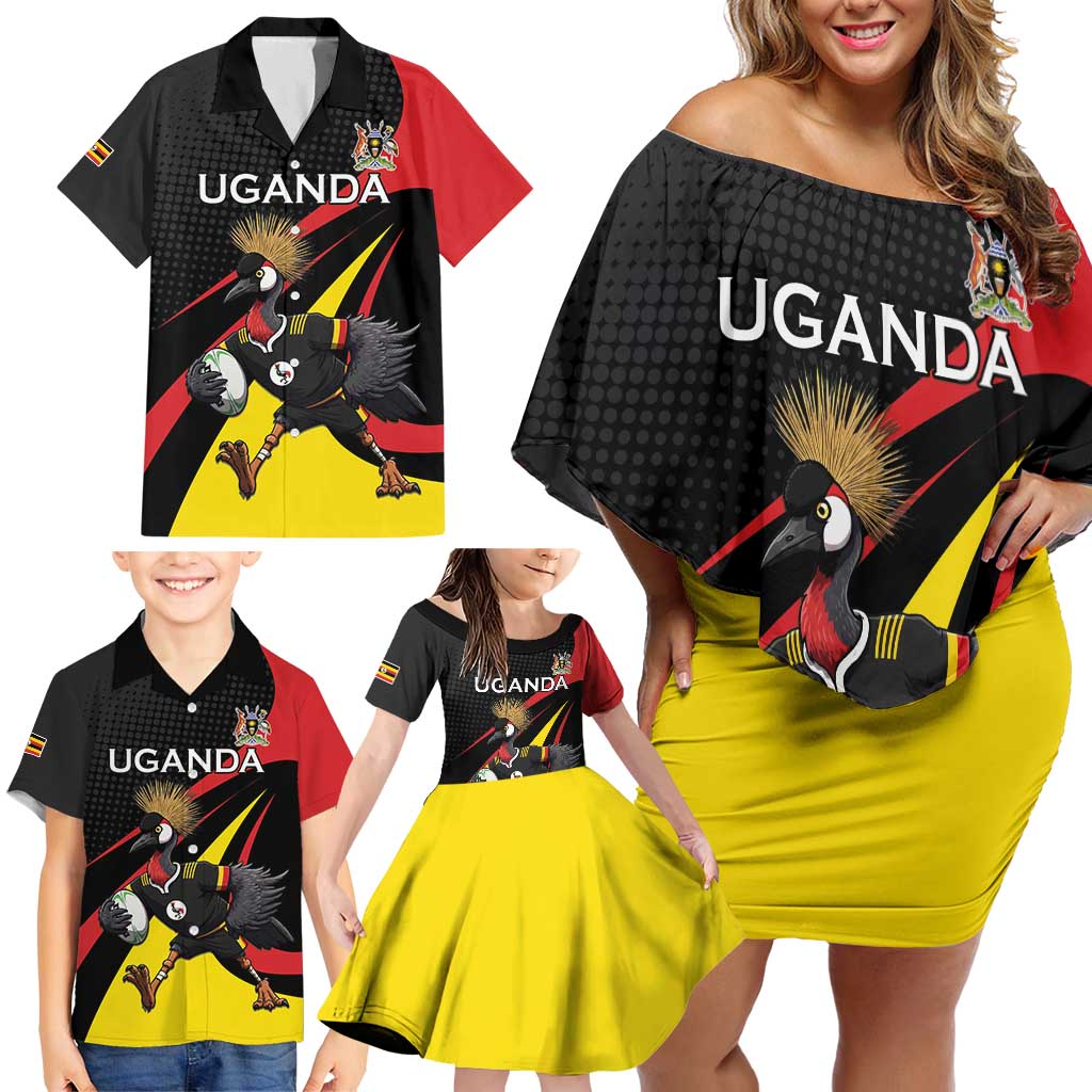 Uganda Rugby Custom Family Matching Off Shoulder Short Dress and Hawaiian Shirt Black Crowned Crane Mascot - Sporty Style