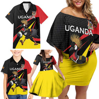 Uganda Rugby Custom Family Matching Off Shoulder Short Dress and Hawaiian Shirt Black Crowned Crane Mascot - Sporty Style