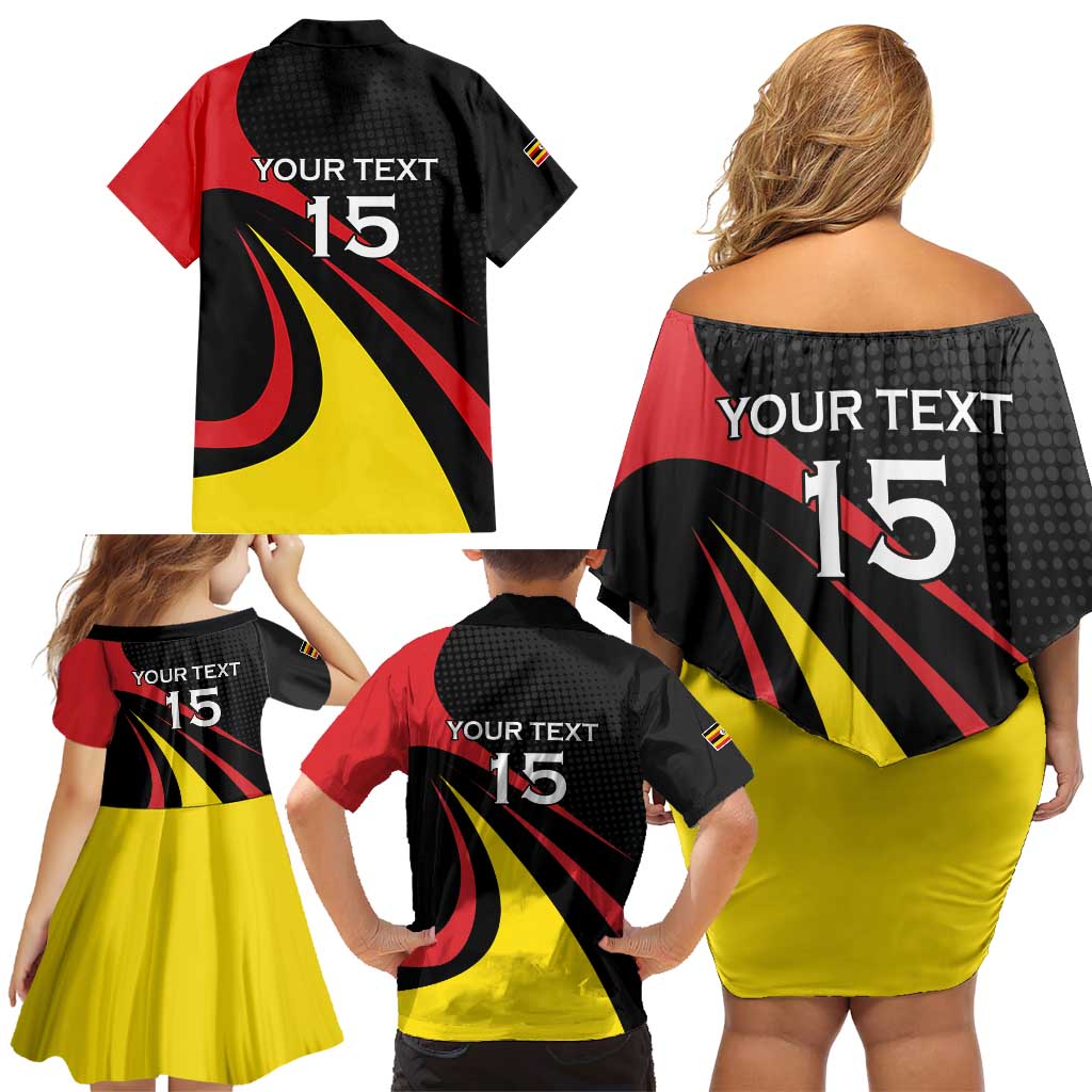 Uganda Rugby Custom Family Matching Off Shoulder Short Dress and Hawaiian Shirt Black Crowned Crane Mascot - Sporty Style