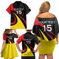 Uganda Rugby Custom Family Matching Off Shoulder Short Dress and Hawaiian Shirt Black Crowned Crane Mascot - Sporty Style