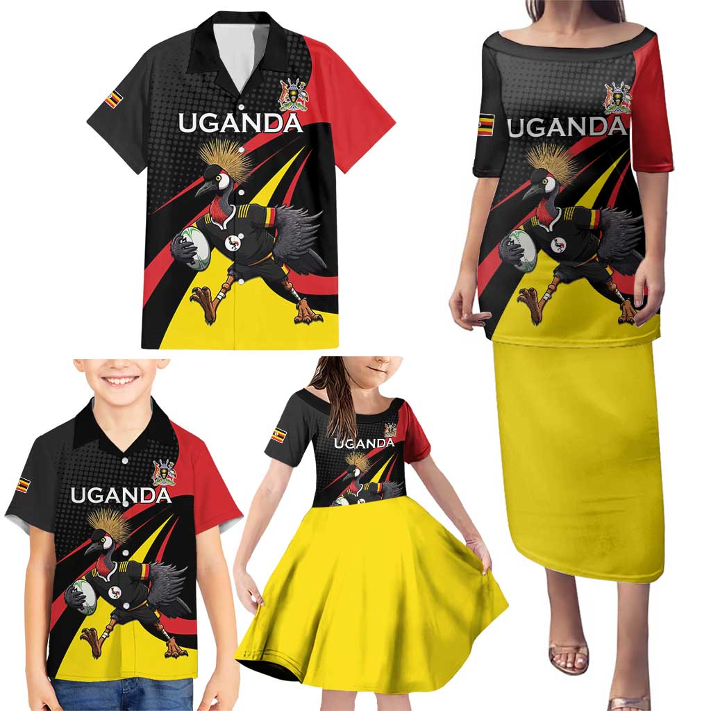 Uganda Rugby Custom Family Matching Puletasi and Hawaiian Shirt Black Crowned Crane Mascot - Sporty Style