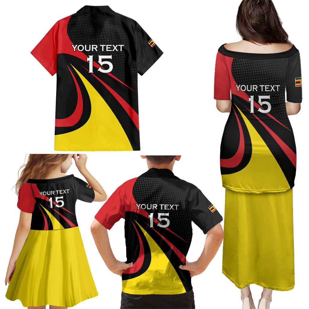 Uganda Rugby Custom Family Matching Puletasi and Hawaiian Shirt Black Crowned Crane Mascot - Sporty Style