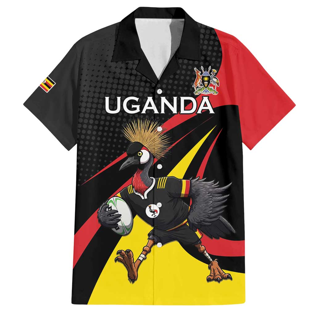 Uganda Rugby Custom Family Matching Puletasi and Hawaiian Shirt Black Crowned Crane Mascot - Sporty Style