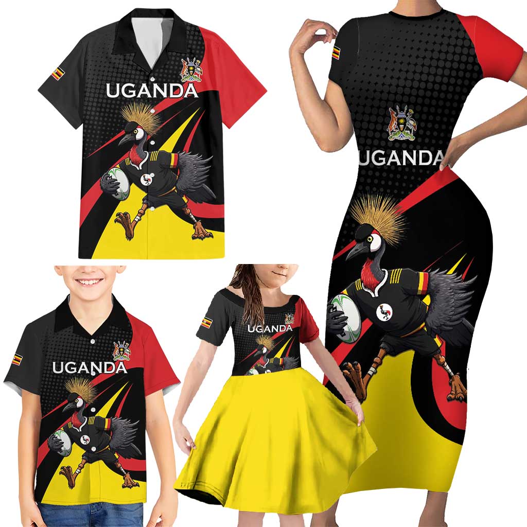 Uganda Rugby Custom Family Matching Short Sleeve Bodycon Dress and Hawaiian Shirt Black Crowned Crane Mascot - Sporty Style