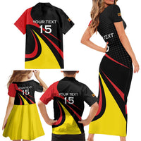 Uganda Rugby Custom Family Matching Short Sleeve Bodycon Dress and Hawaiian Shirt Black Crowned Crane Mascot - Sporty Style