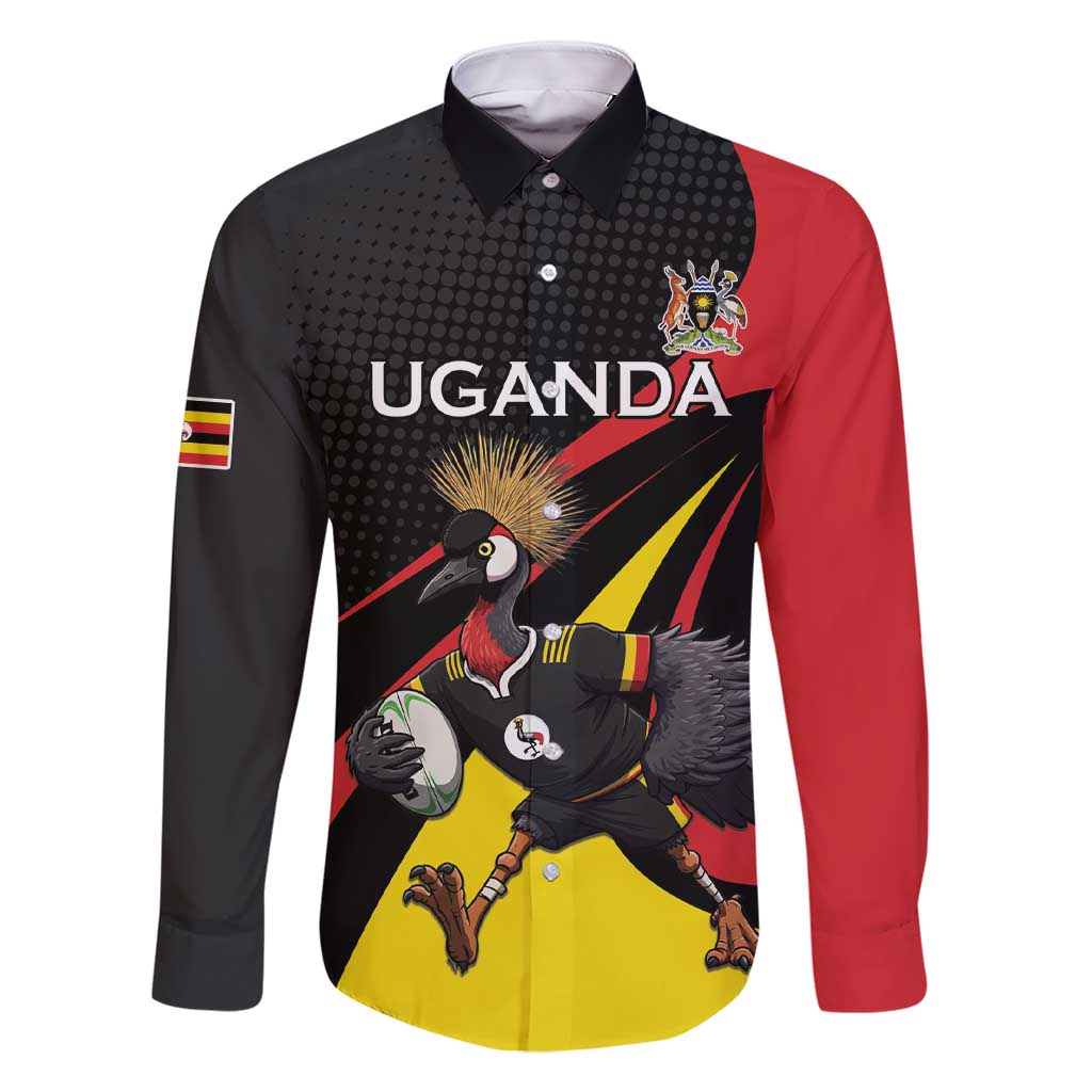 Uganda Rugby Custom Family Matching Short Sleeve Bodycon Dress and Hawaiian Shirt Black Crowned Crane Mascot - Sporty Style