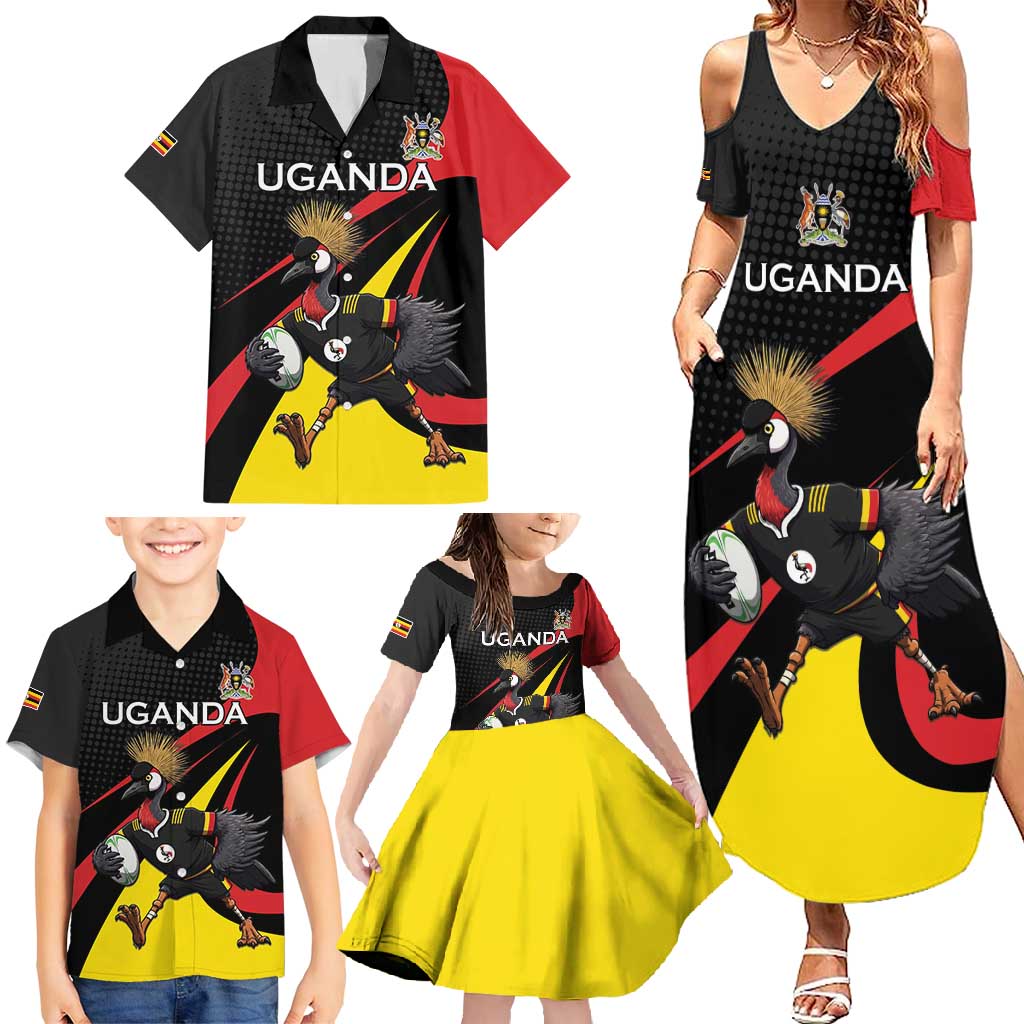 Uganda Rugby Custom Family Matching Summer Maxi Dress and Hawaiian Shirt Black Crowned Crane Mascot - Sporty Style