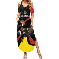 Uganda Rugby Custom Family Matching Summer Maxi Dress and Hawaiian Shirt Black Crowned Crane Mascot - Sporty Style