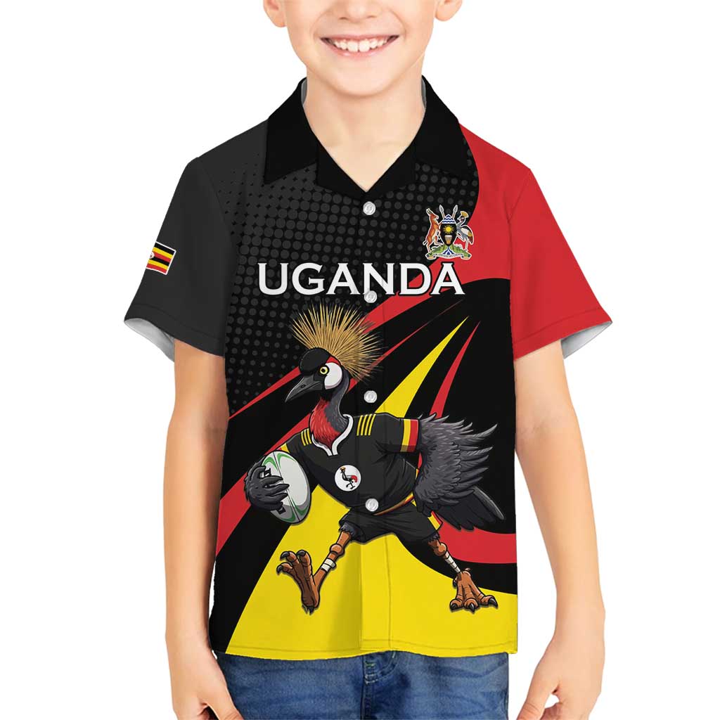 Uganda Rugby Custom Family Matching Summer Maxi Dress and Hawaiian Shirt Black Crowned Crane Mascot - Sporty Style