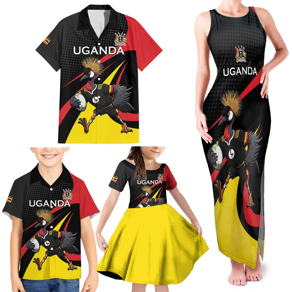 Uganda Rugby Custom Family Matching Tank Maxi Dress and Hawaiian Shirt Black Crowned Crane Mascot - Sporty Style