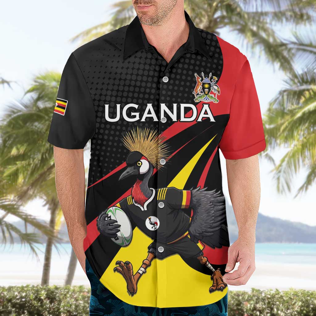 Uganda Rugby Custom Hawaiian Shirt Black Crowned Crane Mascot - Sporty Style