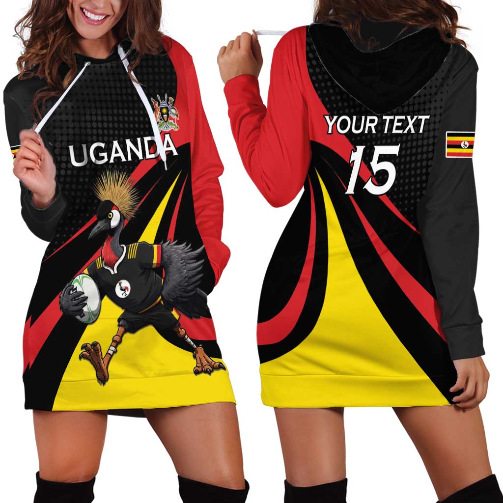 Uganda Rugby Custom Hoodie Dress Black Crowned Crane Mascot - Sporty Style