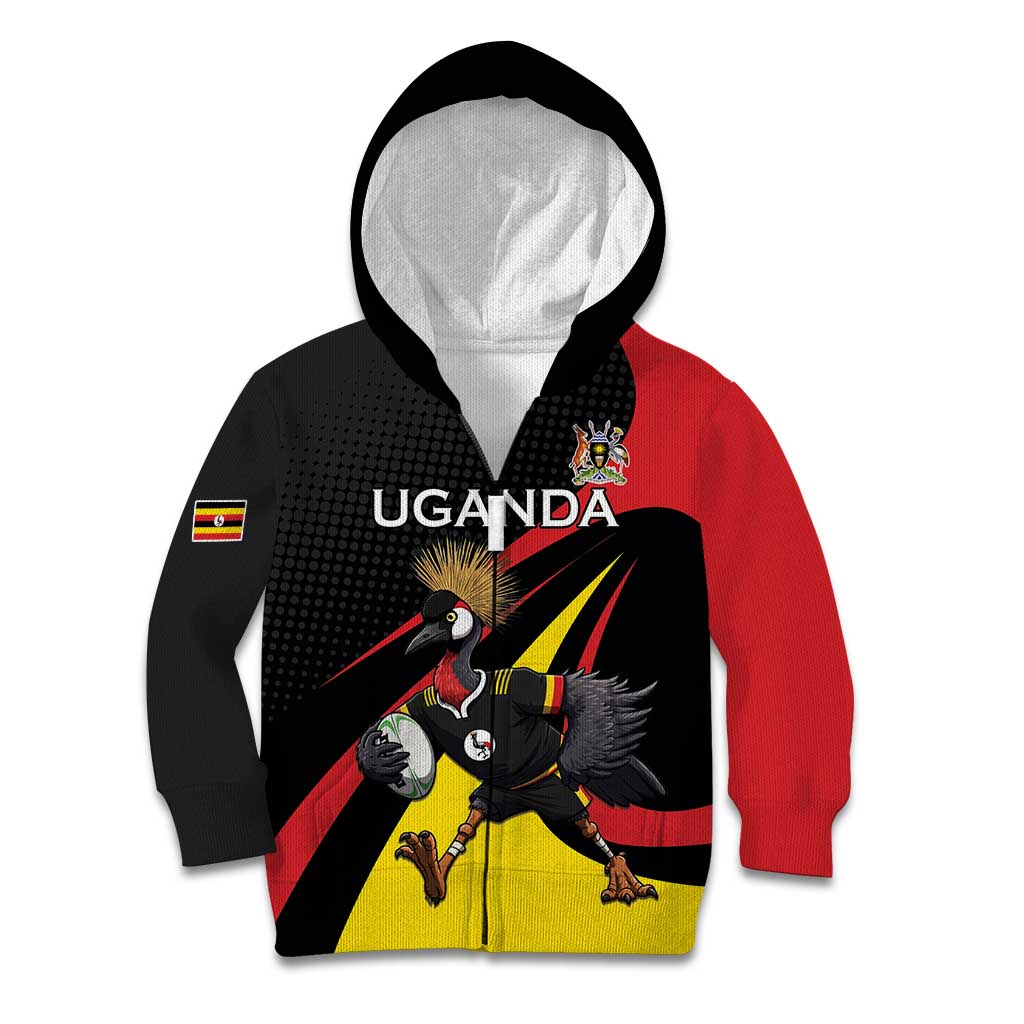Uganda Rugby Custom Kid Hoodie Black Crowned Crane Mascot - Sporty Style