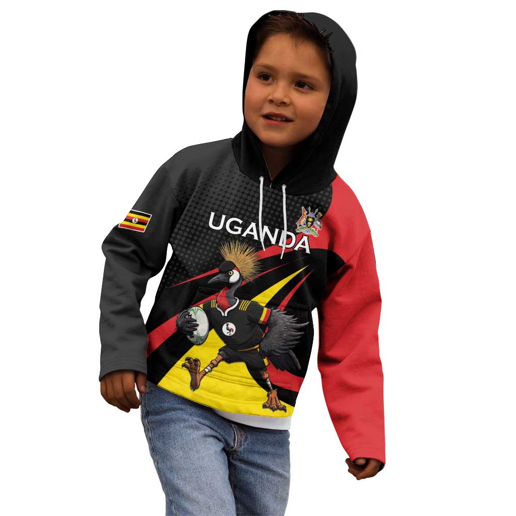 Uganda Rugby Custom Kid Hoodie Black Crowned Crane Mascot - Sporty Style