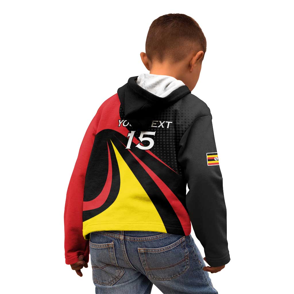 Uganda Rugby Custom Kid Hoodie Black Crowned Crane Mascot - Sporty Style