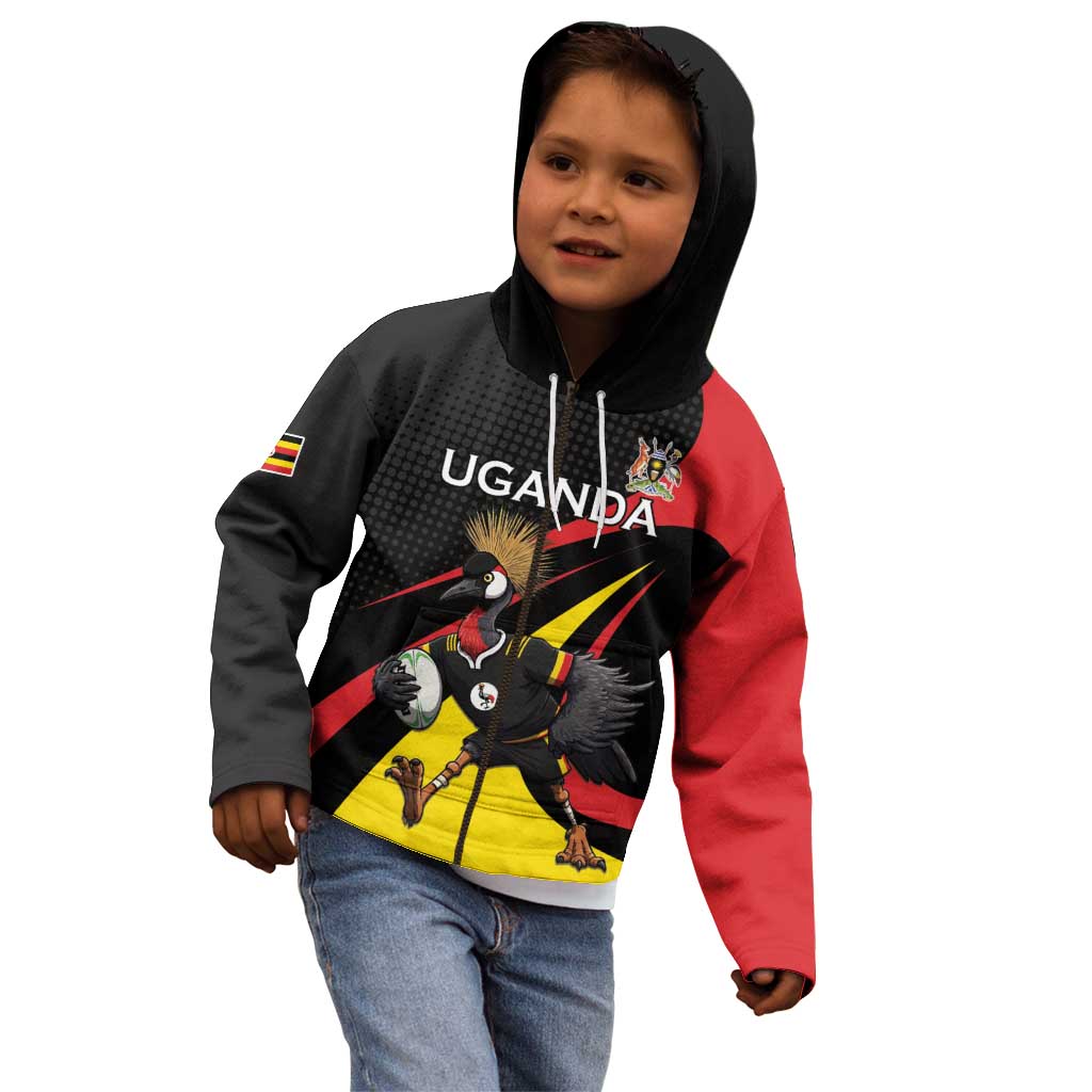 Uganda Rugby Custom Kid Hoodie Black Crowned Crane Mascot - Sporty Style