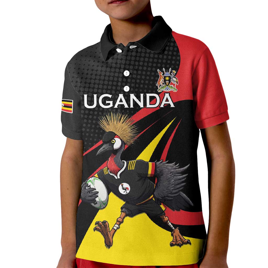 Uganda Rugby Custom Kid Polo Shirt Black Crowned Crane Mascot - Sporty Style