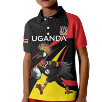 Uganda Rugby Custom Kid Polo Shirt Black Crowned Crane Mascot - Sporty Style