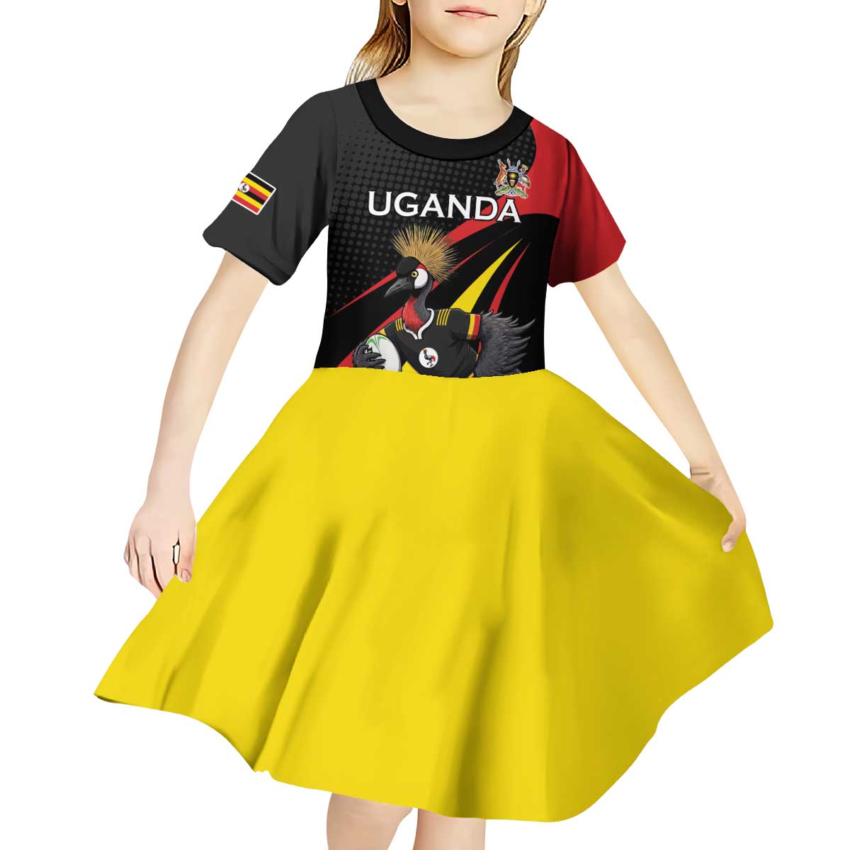 Uganda Rugby Custom Kid Short Sleeve Dress Black Crowned Crane Mascot - Sporty Style